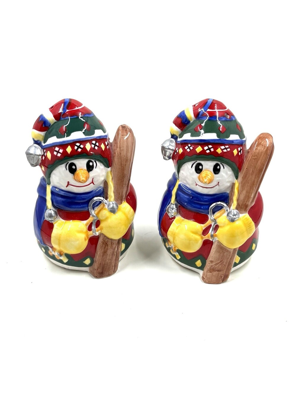 Snowman Salt and Pepper Shakers, Ceramic Christmas Village, EUC